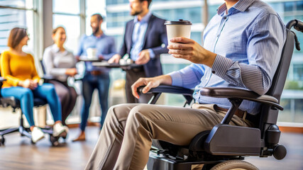 Businessman in wheelchair holding a coffee cup. office setting with coworkers in background.  disability inclusion.  accessibility.  modern office space.