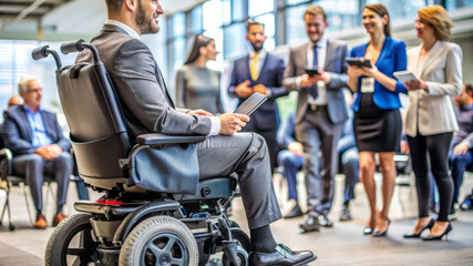 Obraz premium Businessman in a motorized wheelchair with a tablet during a corporate meeting, highlighting inclusivity and teamwork. 