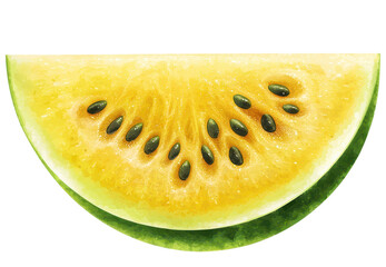 Watercolor yellow fleshed watermelon slice with green rind and seeds on transparent background clipart