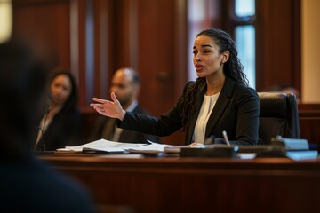 A female lawyer presenting a case in a courtroom. She’s confidently addressing the jury with legal documents spread out before her