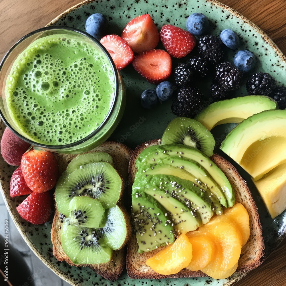 Poster A green smoothie, avocado toast with kiwi and peach, and berries on a plate.