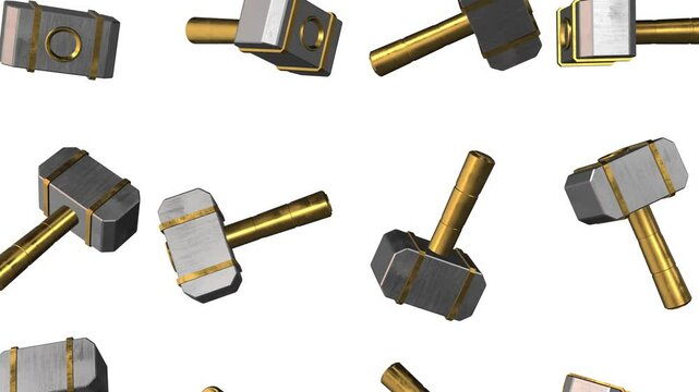 3D Game Hammers Falling on a White Background. Golden Handle and Strip. 4K
