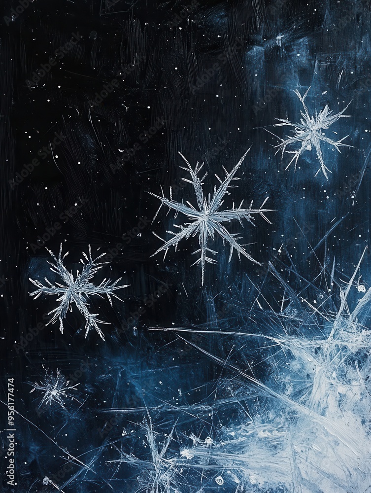 Leinwandbilder delicate snowflakes adorn a dark blue canvas, interwoven with lines, creating a captivating winter-t