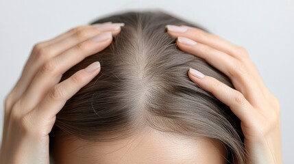 Naklejka premium Hair loss concept. A close-up of the woman's hands touching her hair shows signs of thinning and sparse areas on the top of her head. on a white background.