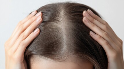 Hair loss concept. A close-up of the woman's hands touching her hair shows signs of thinning and sparse areas on the top of her head. on a white background.