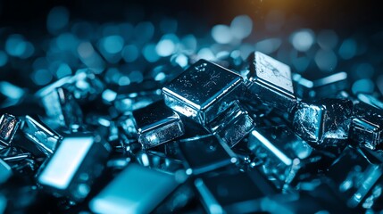 Shimmering silver bars create a striking display of luxury and wealth, reflecting light in a mesmerizing blue tone.