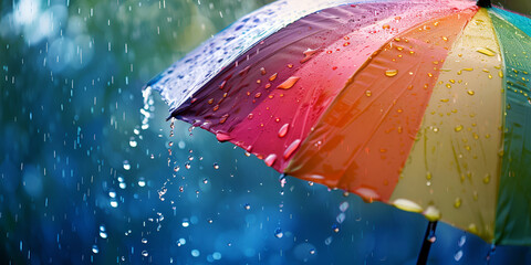 rainbow umbrella with droplets of water falling, set against a blurred background.