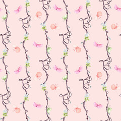 Watercolor pink butterflies, gentle flowers and twigs watercolor seamless pattern on pink. Tree on repeating background design textile. Vertical curly lines hand drawn botany wallpaper, package.
