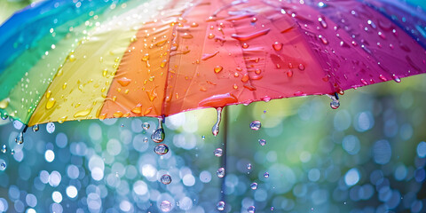 rainbow umbrella with droplets of water falling, set against a blurred background.