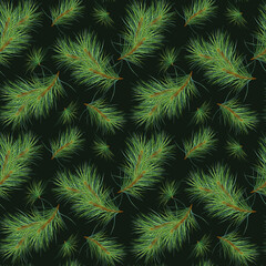 Pine branches on seamless watercolor pattern isolated on black. Christmas botanical endless background. Christmas tree branches for wrapping paper, fabric, wallpapers, and seasonal package.