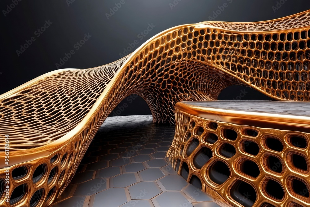 Poster abstract golden geometric structure with hexagon pattern
