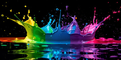 close-up of a colorful liquid in motion, with splashes and droplets flying off the surface, creating a vibrant and dynamic scene.