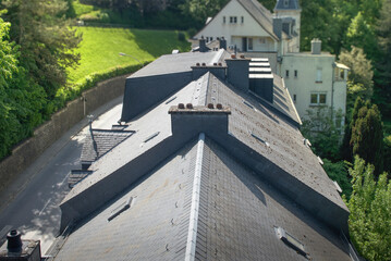 Old European roof of house surface. Top view along