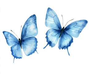 Blue butterflies on  white background, watercolor
