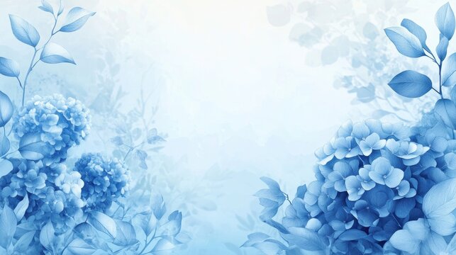 Wedding invitation or congratulatory template in blue tones featuring an artistic composition of hydrangeas and foliage crafted with markers in a watercolor style