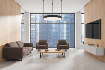 A modern office lounge area featuring comfortable brown sofas, a wooden coffee table, and a large TV on wooden walls. The background shows a cityscape through large windows. 3D Rendering