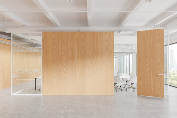 Wooden office room interior with meeting table and chairs, window. Empty wall