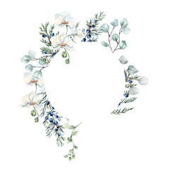 White orchids, juniper blue berries and eucalyptus twigs in pastel watercolor circle frame isolated. Neutral leaves and flowers in soft sage green tones hand drawn. Greenery wreath for wedding design