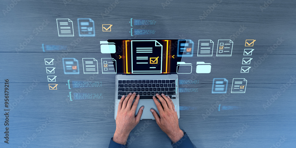 Poster top view of man typing on laptop keyboard, document management system hologram