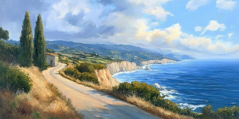 Oil painting depicting a scenic coastal drive along a cliffside route showcasing beautiful views of the surrounding landscape and seascape