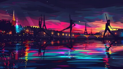 Naklejka premium A synchronized swimming team performing a routine, with the Seine and Paris landmarks, captured in vibrant vector graphics.