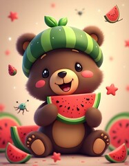 Fototapeta premium A cute cartoon bear wearing a green watermelon-themed hat