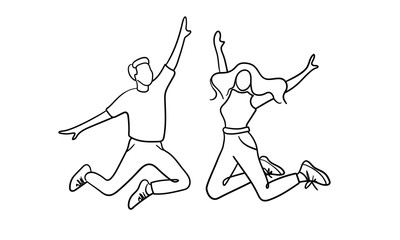 Two people jumping continuous line art drawing isolated on white background. Joy, victory, success. Vector illustration