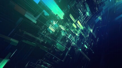 Obraz premium Abstract Digital Technology Background with Green and Blue Lines and Geometric Shapes.