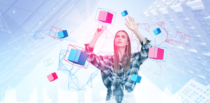 Woman interacting with virtual geometric shapes in augmented reality. - Powered by Adobe