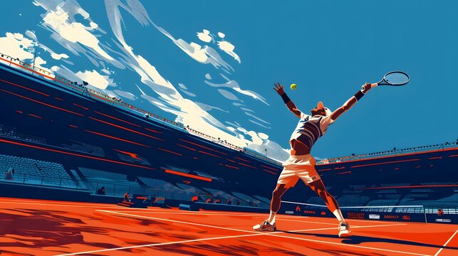 A tennis player serving, with a Paris stadium as the backdrop, illustrated in sharp vector art.