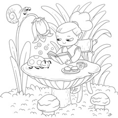 Vector illustration of a little gnome reading fairy tales on a mushroom. A sketch of a small forest elf girl with a beetle and a snail for a coloring book. Cute cartoon characters.