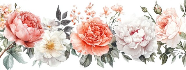 Watercolor illustrations of floral arrangements featuring roses and peonies