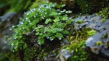 On the floor of a cliff one little tumble plant glitters with drops of dew