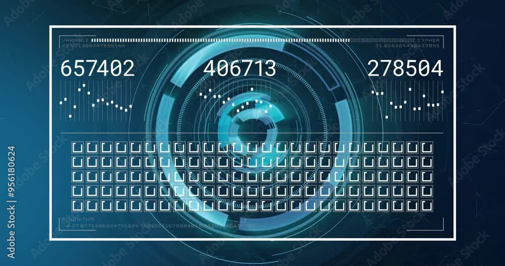 Poster Digital security code animation over futuristic interface with numbers and checkboxes