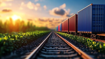 Obraz premium A serene view of freight train containers alongside railway tracks at sunset, highlighting transport and rural scenery.