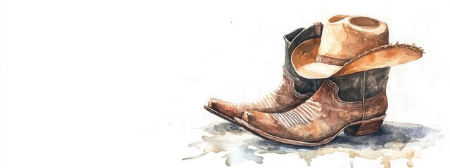Watercolor painting of cowboy boots and a hat on a white background