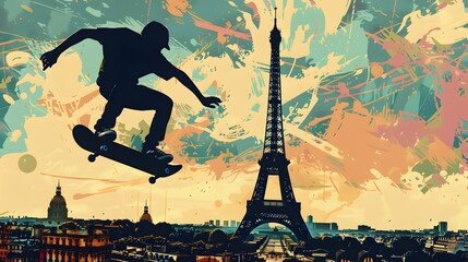 A skateboarder performing tricks, with the Eiffel Tower visible, depicted in modern vector art.