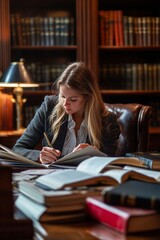 A female lawyer preparing documents for a case. She’s working at her desk, sorting through files and organizing evidence