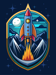 Rocket Launching Over Mountains with Moon and Stars