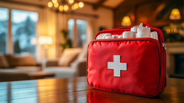 First aid kit with medical supplies on a wooden table in a home