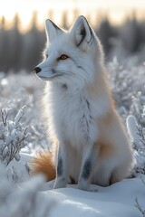 Arctic fox sitting in snow, soft glow from sunset, calm and majestic, cool tones, clear winter sky