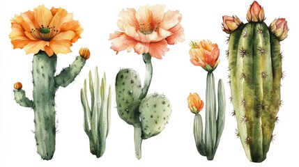 Fototapeta premium Watercolor illustration set featuring cactus floral botanical designs