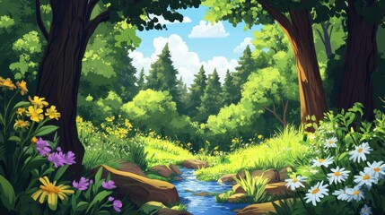 Picturesque Forest Stream with Lush Greenery and Colorful Wildflowers.