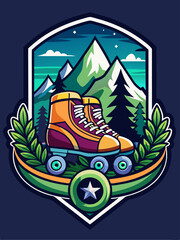 Retro Roller Skates and Mountain Landscape Emblem