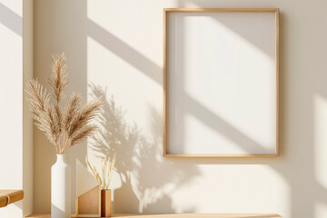 empty wooden frame mockup, neutral colors, interior decor