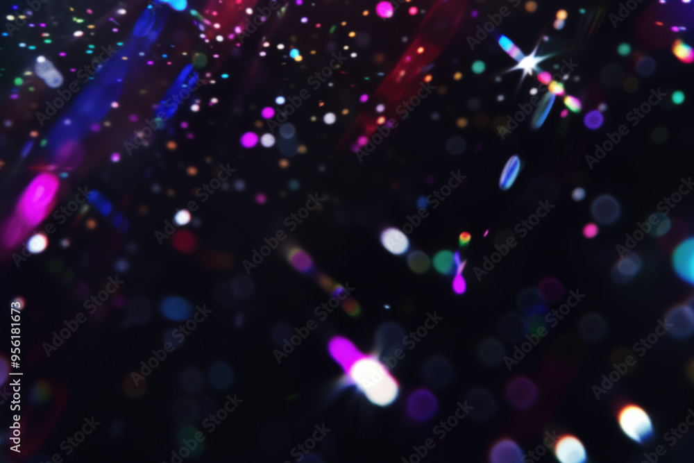 Poster abstract black background with colorful light streaks and bokeh overlay effect, sparkling luminous p