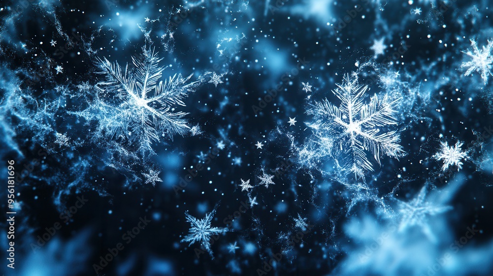 Poster intricate snowflakes drift amidst captivating lines, creating a mesmerizing winter atmosphere on a d