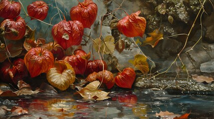 Naklejka premium On the glacial surface crimson physalis emerges with lush foliage