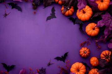 purple halloween background with bats and pumpkins