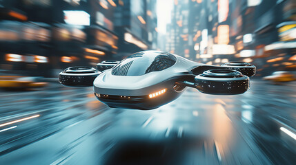 Futuristic flying car, white and black in color with lights on, flying over the highway in the city